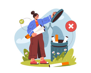Quit smoking or stop tobacco smoke poster. Vector woman throw cigarette filter in trash can. Bad habit danger or prevention sign. Lung health care and disease awareness. Detox and respiratory recovery