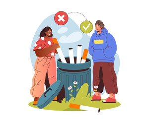 Couple throw cigarettes at trash can. Vector stop smoking poster or quit smoke sign. Placard for nicotine addiction awareness and lung health. Respiratory safety and tobacco prevention or disposal.