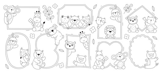 Cute animal frames doodle collection, outline borders with empty space baby shower design set