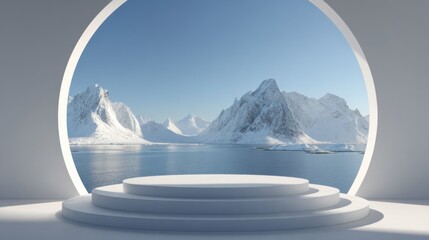 Circular Arctic Window Podium: 3D Rendered Minimalist Design for Product Showcase | Detailed Mountain-Sea View in White Background