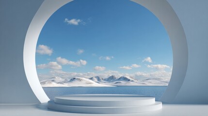 Circular Arctic Window Podium: 3D Rendered Minimalist Design for Product Showcase | Detailed Mountain-Sea View in White Background