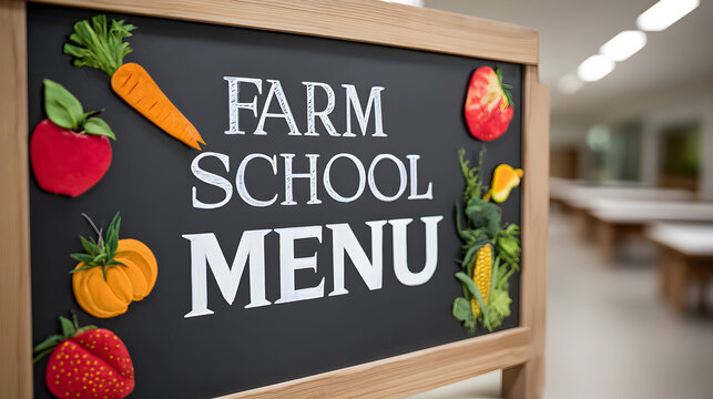 Farm school menu sign, showcasing fresh produce and handwritten style, perfect for educational settings