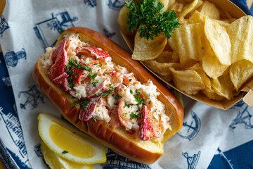 lobster roll with chips top view