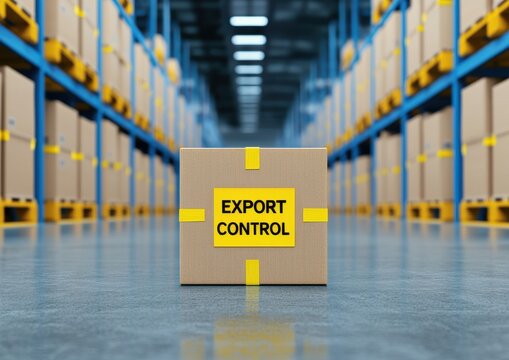 A box labeled "EXPORT CONTROL" is positioned in a warehouse filled with shelves of stacked cardboard boxes, highlighting logistics and inventory management.