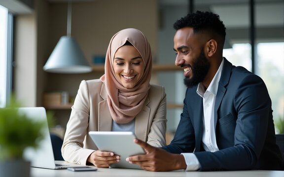 Smiling muslim businesswoman and african american businessman working together on a tablet in the office. High quality