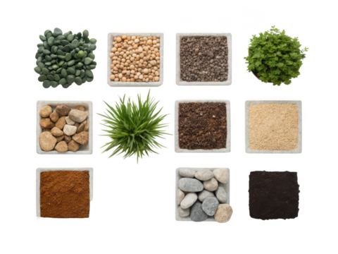 model landscaping materials white background miniature props like rocks trees and grass used for scale models dioramas or architectural layouts transparent background
