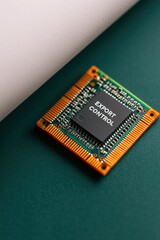 Semiconductor Export Controls Concepts. A close-up image of a microchip, featuring a prominent label "EXPORT CONTROL" set against a green background.