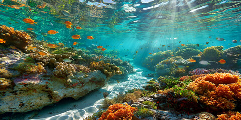 vibrant coral garden in shallow turquoise water