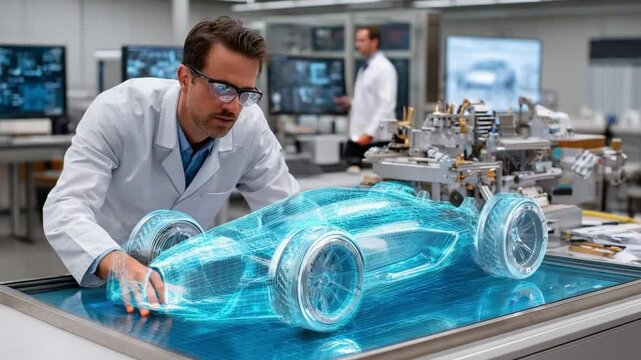 Designing the Future: A focused engineer meticulously examines a translucent digital car model, showcasing cutting-edge automotive technology and design innovation within a modern lab setting. - Powered by Adobe