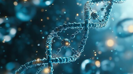 Un'illustrazione digitale mostra una doppia elica di DNA in primo piano su uno sfondo blu scuro 
