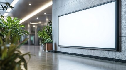 Un cartellone bianco vuoto situato in un corridoio di una azienda per publicizzare un prodotto