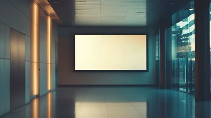 Un'illustrazione digitale mostra un grande schermo vuoto e luminoso su una parete di un edificio moderno.
