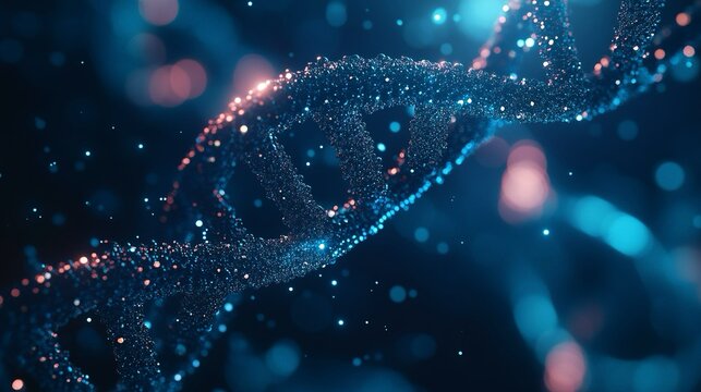 Rappresentazione di una doppia elica di DNA. La struttura &egrave; composta da una serie di molecole luminose, intrecciate a forma di spirale.