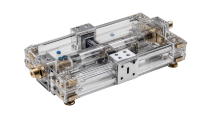 Transparent industrial automation equipment showing internal mechanisms