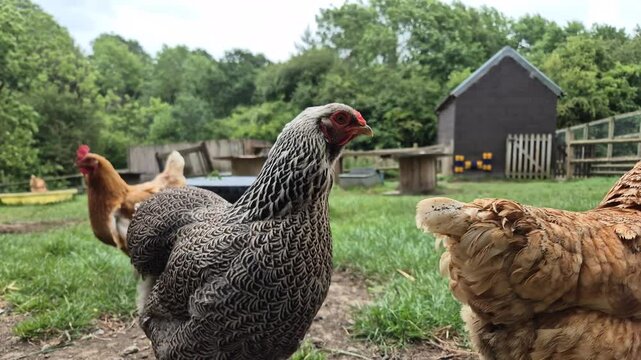 Free Range Chickens Walking on Green Grass in Backyard on Rainy Day