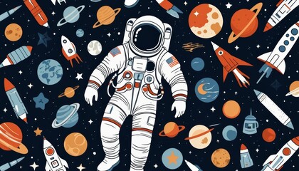 Fototapeta premium Pattern of astronaut in white spacesuit floating among planets, rockets, and stars on dark background representing space exploration and astronomy.