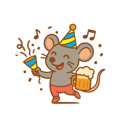 Happy Cartoon Mouse Partying With Confetti