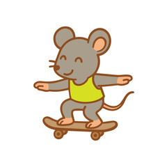 A cute cartoon mouse riding a skateboard.