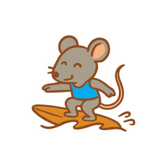 Fototapeta premium Cartoon mouse surfing on a wave
