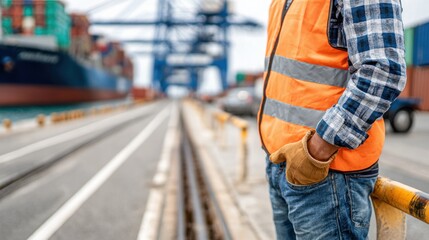 Fototapeta premium Dockworker in safety vest stands at busy port, with cargo ship and cranes in background.