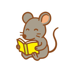 A cute cartoon mouse reading a book