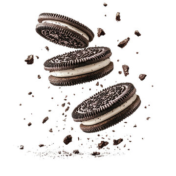 flying Oreo cookies with crumbs isolated on transparent white background png, clipping path