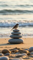 Sparrow perched on rock stack at beach