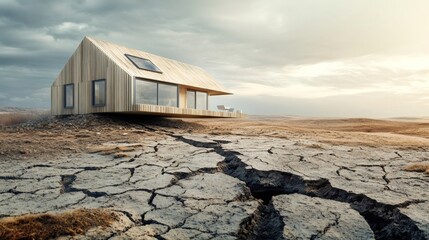 Modern, sustainable, wooden house stays intact above a large crack in drought stricken earth, illustrating the impact of earthquakes and geological instability on the environment and architecture
