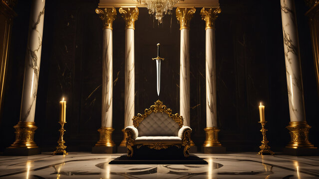 A visual metaphor of constant danger above power &mdash; the Sword of Damocles hanging by a thread over a throne