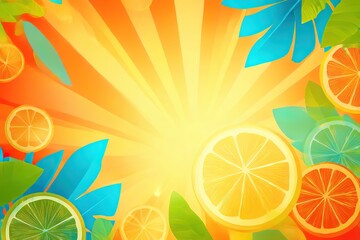 Vibrant tropical summer party poster with palm leaves and citrus accents
