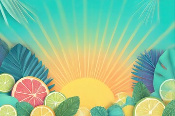 Vibrant tropical summer party poster with palm leaves and citrus accents
