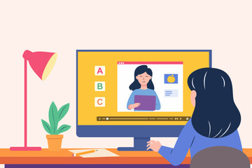 Happy English teacher giving virtual tutoring to a girl online with a video call on a computer at home. Student having a school lesson with support from an educator for a course via distance learning