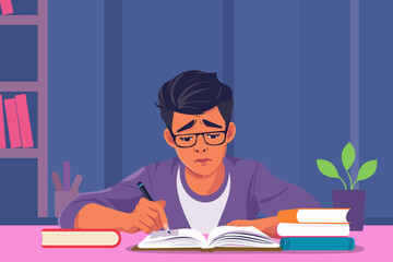 A sad Indian teenage boy feeling stress and pressure studying for a high school or college exam in a library. A tired student with anxiety having difficulties with learning a home work assignment