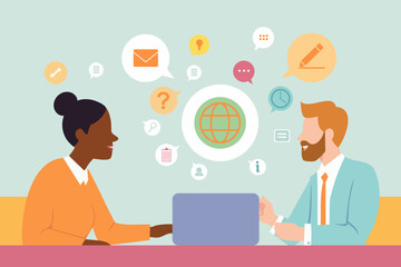 Collaboration of a black woman and man sharing knowledge, brainstorming ideas and discussing a project in a business meeting. Colleagues exchanging information, data and skills while learning together