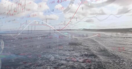 Opening aerial view over ocean waves starting financial overlay undulating with live market data - Powered by Adobe
