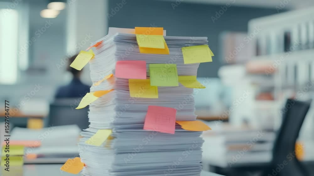 Aufkleber stack of paperwork covered with colorful sticky notes sits on a desk in a busy office, suggesting a 