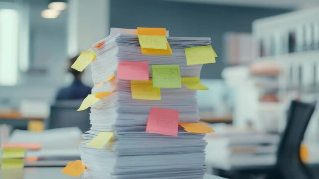 Stack of paperwork covered with colorful sticky notes sits on a desk in a busy office, suggesting a heavy workload and pending tasks for employees