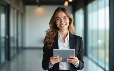 Smiling businesswoman holding tablet in modern office building. High quality