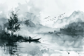 Watercolor Painting of a Boat on Water Surface, Lake or Sea. Elegant and Artistic Composition with Organic Textures. Generative AI