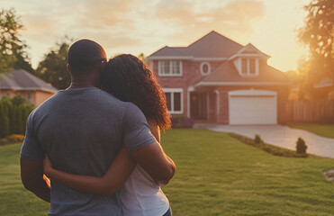 Happy couple at sunset outside their new home, gazing with hopeful smiles. A charming house in a peaceful neighborhood sets the stage for a warm, romantic moment of joyful homeownership.