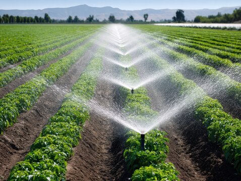 Automated sprinklers irrigate rows of crops, lush green plants thrive under water jets, mountains provide backdrop to farm scene.