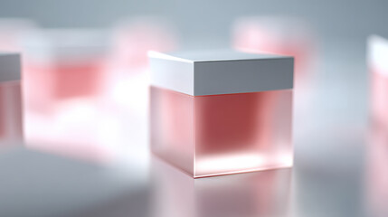Close up of pink and white cosmetic jar with soft glowing light, surrounded by similar containers, creating clean and elegant beauty product display, evoking sense of freshness and luxury