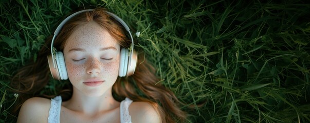 red-haired teenage girl with freckles peacefully lying in green grass, wearing modern over-ear headphones, eyes closed, summer, banner with copy space. music therapy, audio app, digital detox concept.