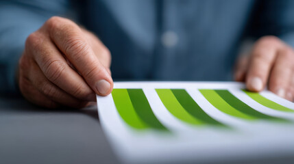 Close up of person hand holding printed chart with green bars, showing data analysis or business report, in professional setting, with blurred background