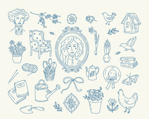 Spring vintage doodle collection with flowers, natural simple elements and female portraits