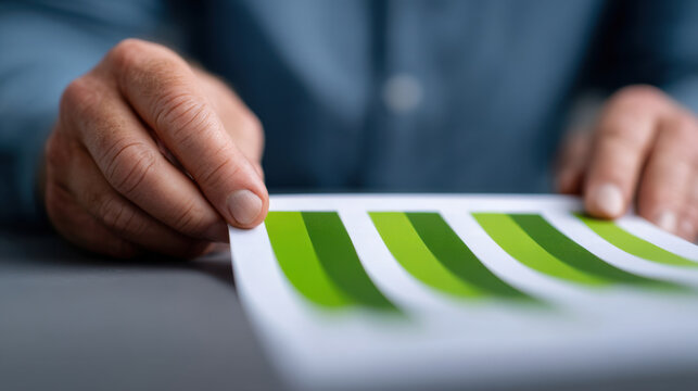 Close up of person hand holding printed chart with green bars, showing data analysis or business report, in professional setting, with blurred background