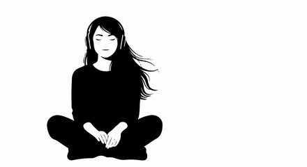 Silhouette of a Woman Meditating with Headphones in Black and White Representing Calmness Focus and Connection Through Music and Inner Peace