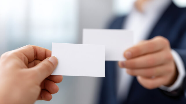 Close up of two people exchanging blank business cards in professional setting, with blurred background of office environment, conveying professionalism and networking