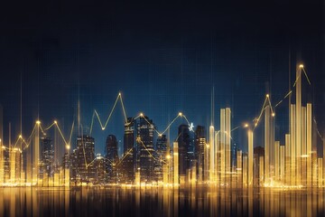 Abstract gold finance graphs over city skyline for investment visuals
