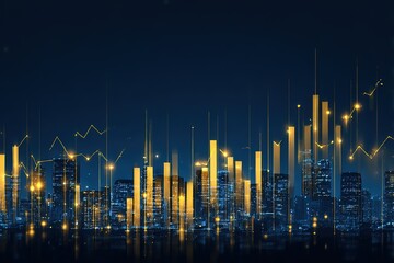 Abstract gold finance graphs over city skyline for investment visuals
